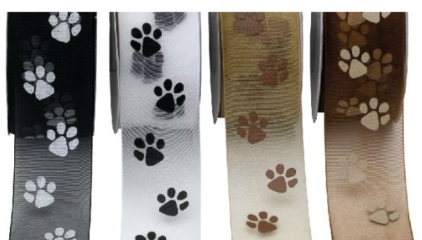 Puppy dog paws brown 5 yards on Ivory 58\u201d grosgrain ribbon TWRH limited stock.